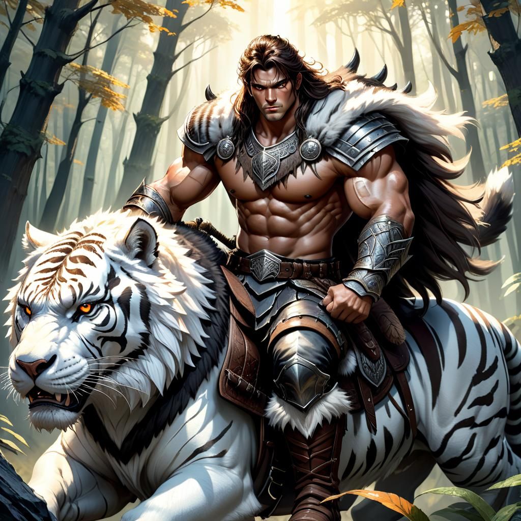Dramatic Barbarian Warrior on a Majestic War Tiger in a Sunl...
