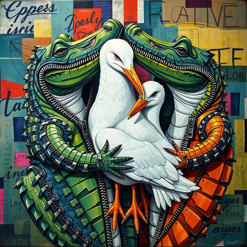 Abstract Crocodile Seagull Artwork in Impasto Style with Vib...