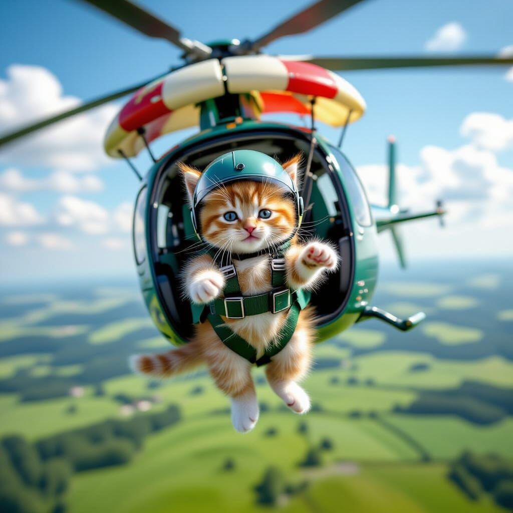Ginger Kitten Skydiving from Helicopter in Storybook Style