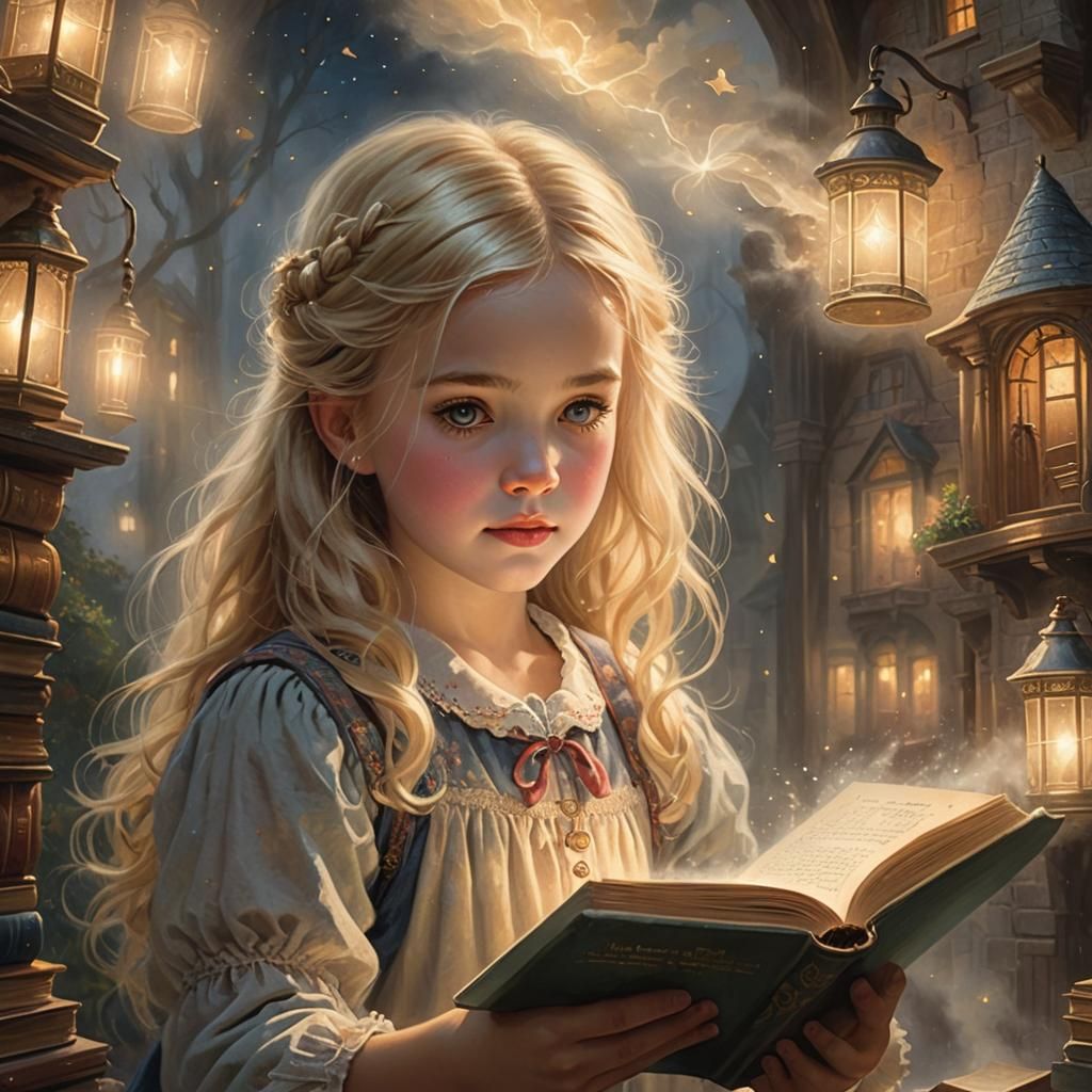 Little Girl Reads by Moonlight in Whimsical Fantasy Scene
