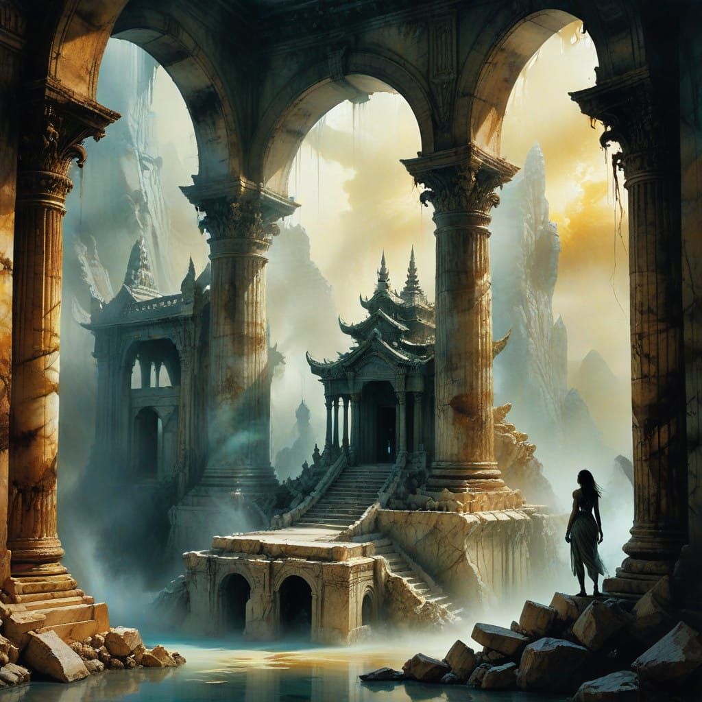 Surreal Greecian Temple in Marble and Mist