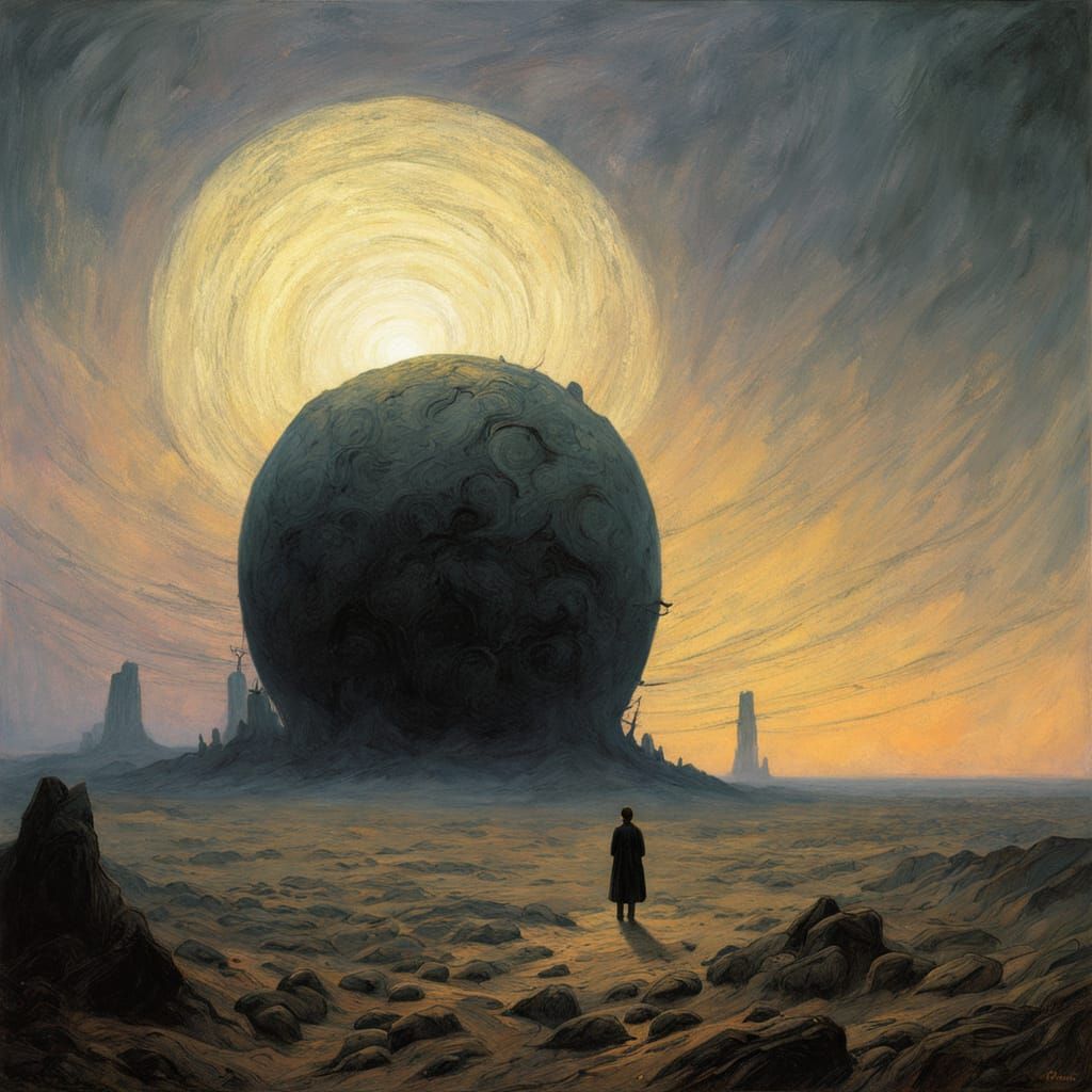 Cosmic Horror Landscape with Figure in Oil Painting Style