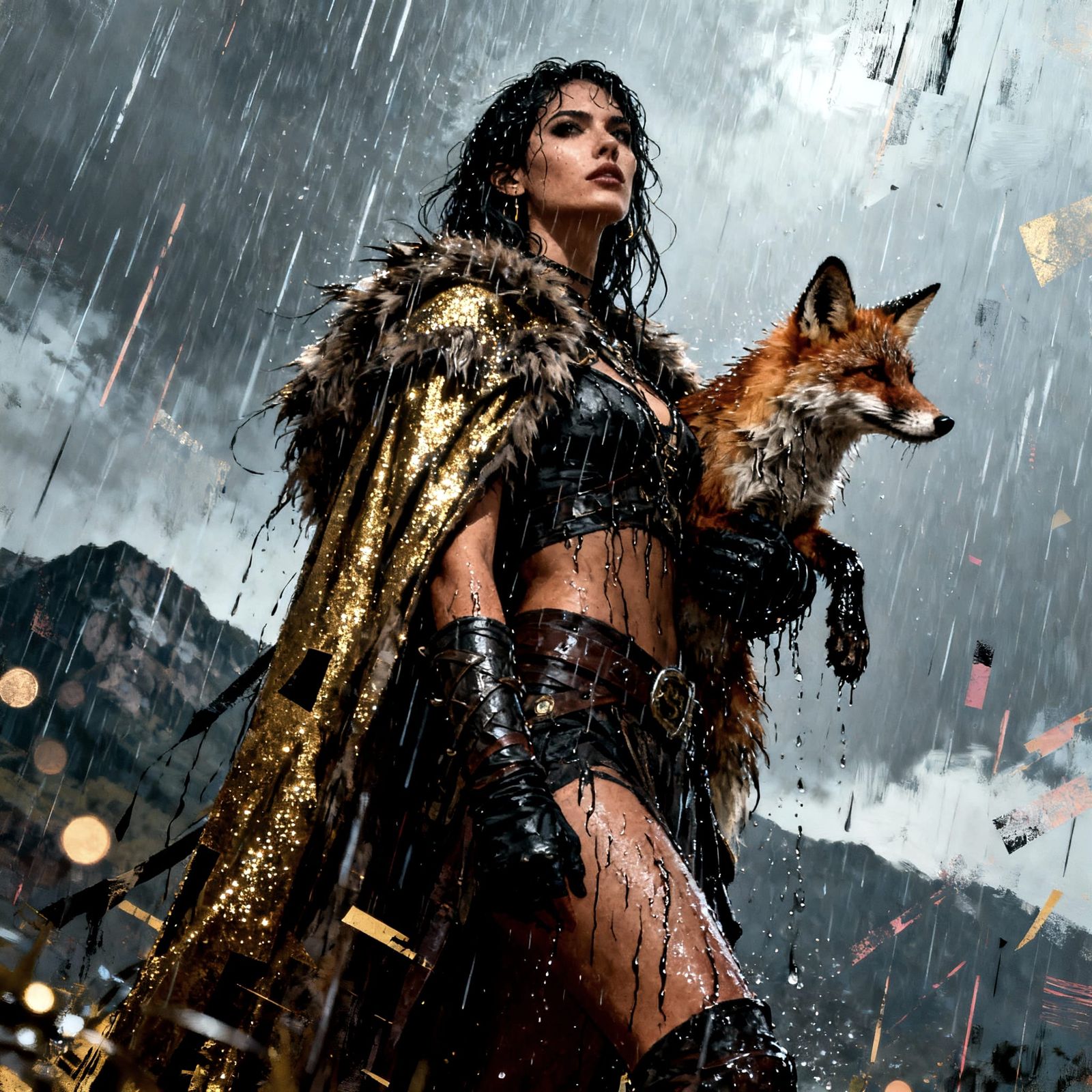 Warrior Latina and Fox in Storm, Noir Style