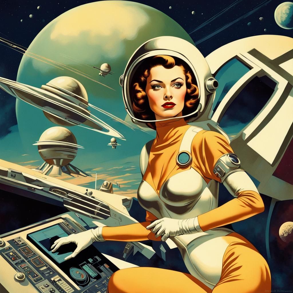 Retro Futurism Pinup Poster of a Space Age Goddess in Alien...