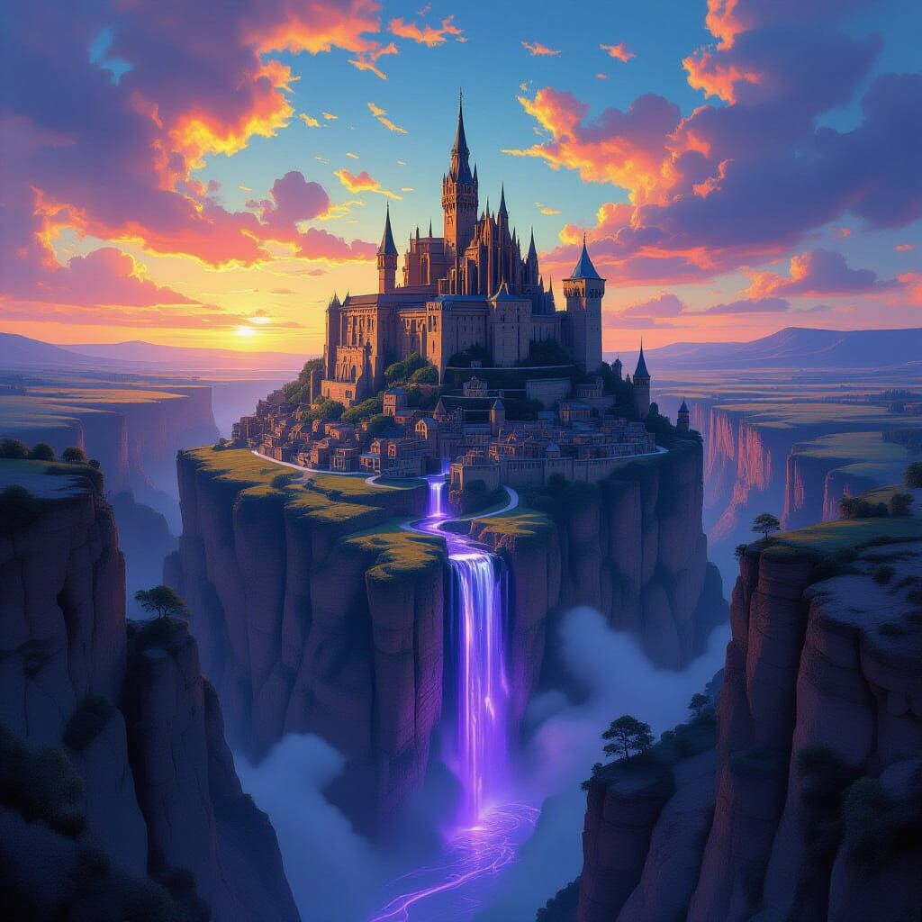 Surreal Castle and Village with Bioluminescent River