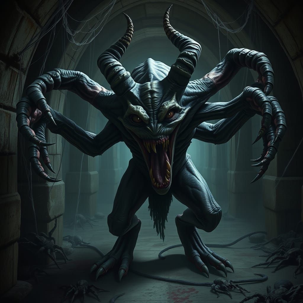 Hyperrealistic Grotesque Demon in Castle Cellar