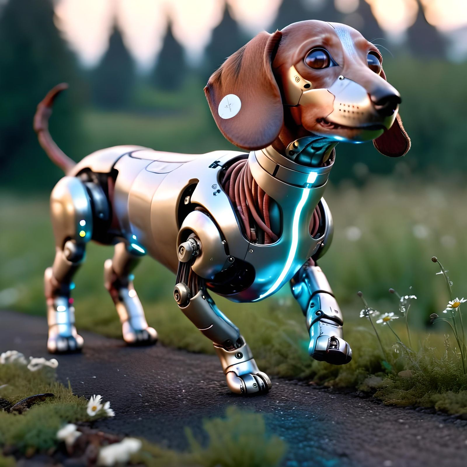 Cyberpunk Android Dachshund Running in Meadow