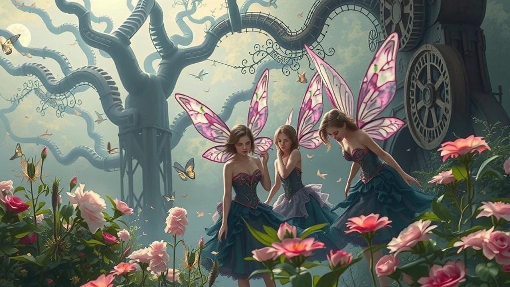 Gothic Steampunk Fairies in a Moonlit Garden