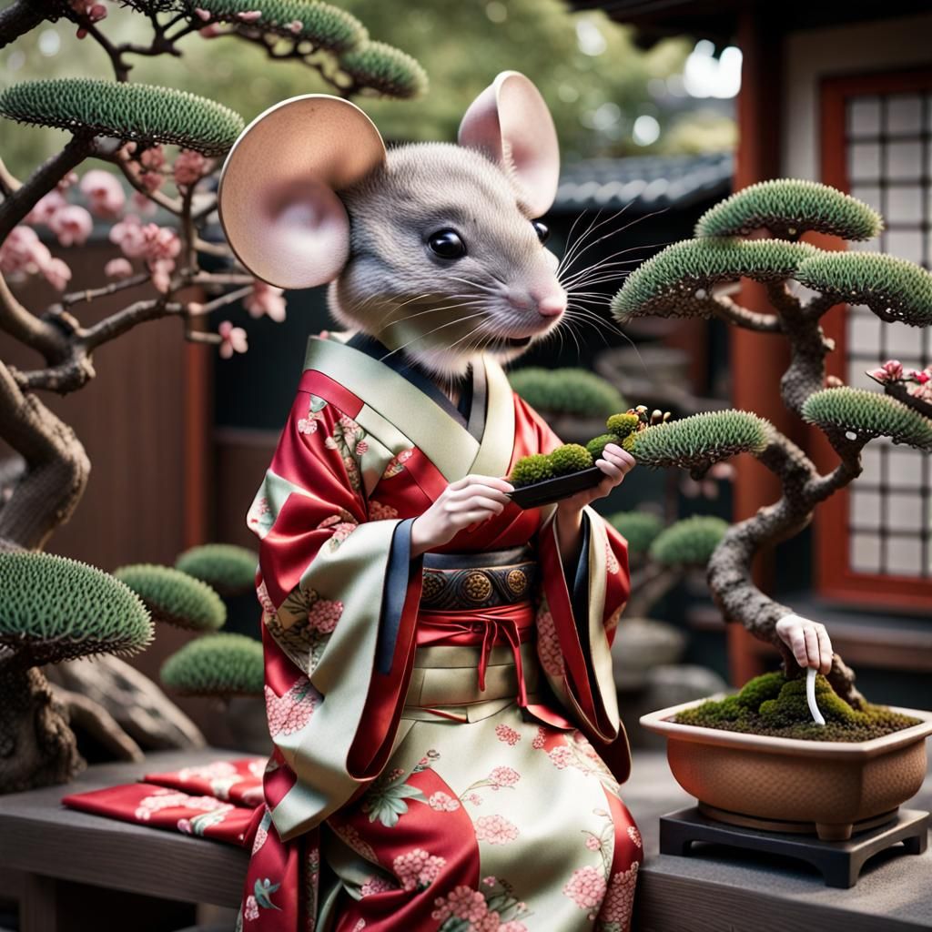 Hyperrealistic photo of  Anthropomorphic Geisha Mouse wearin...