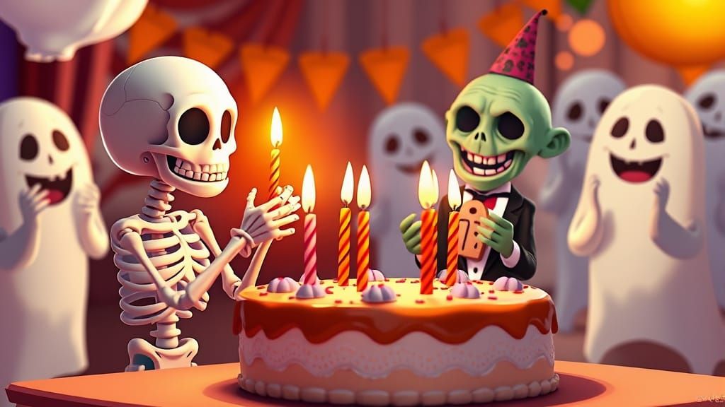 Claymation Halloween Party With Friendly Skeleton and Zombie