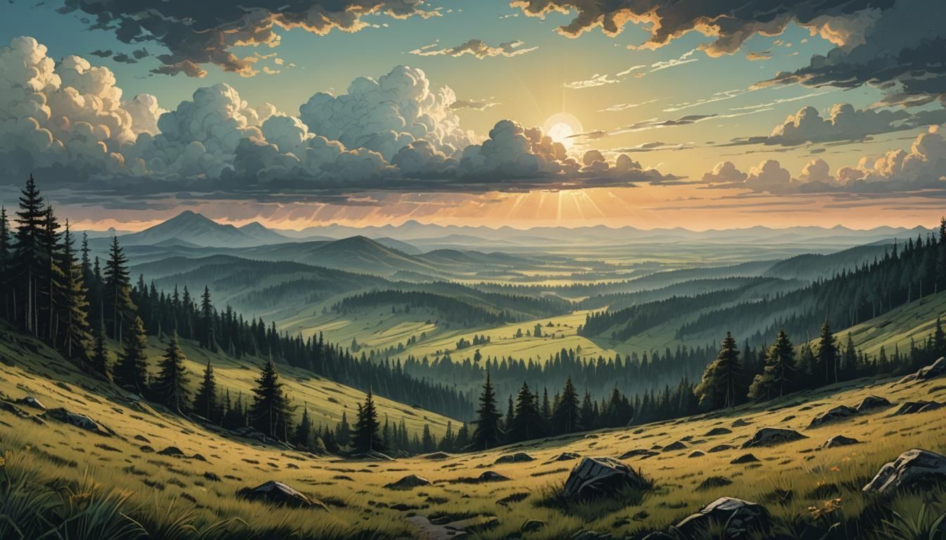 Vintage Meadow Scene at Dusk in Retro Dungeons and Dragons S...