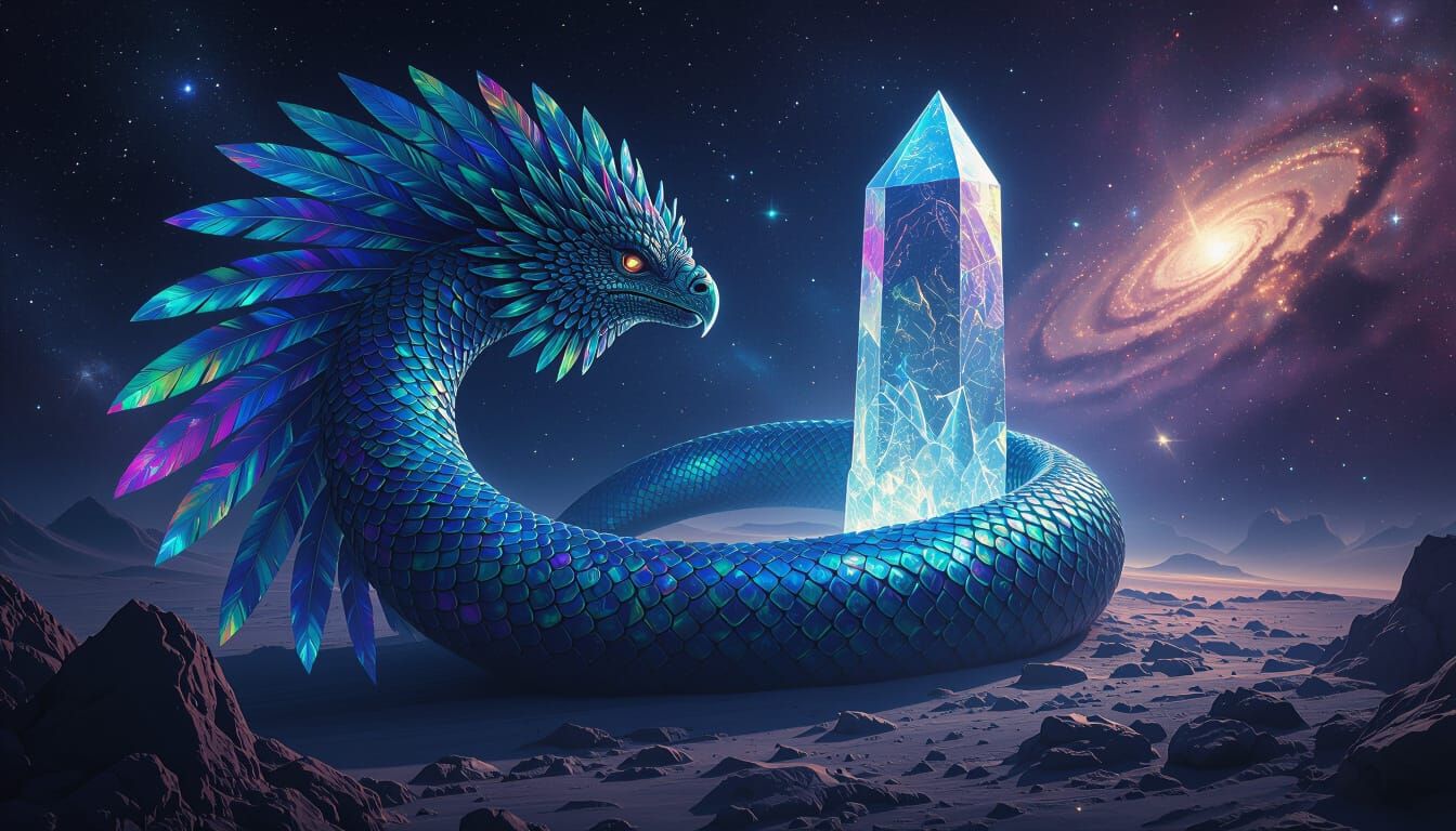 Quetzalcoatl Coils Around Crystal Monolith in Cosmic Void