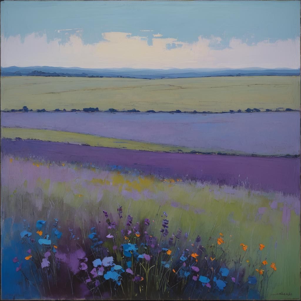 Surreal Minimalist Oil Painting with Hilly Meadow and Deep B...