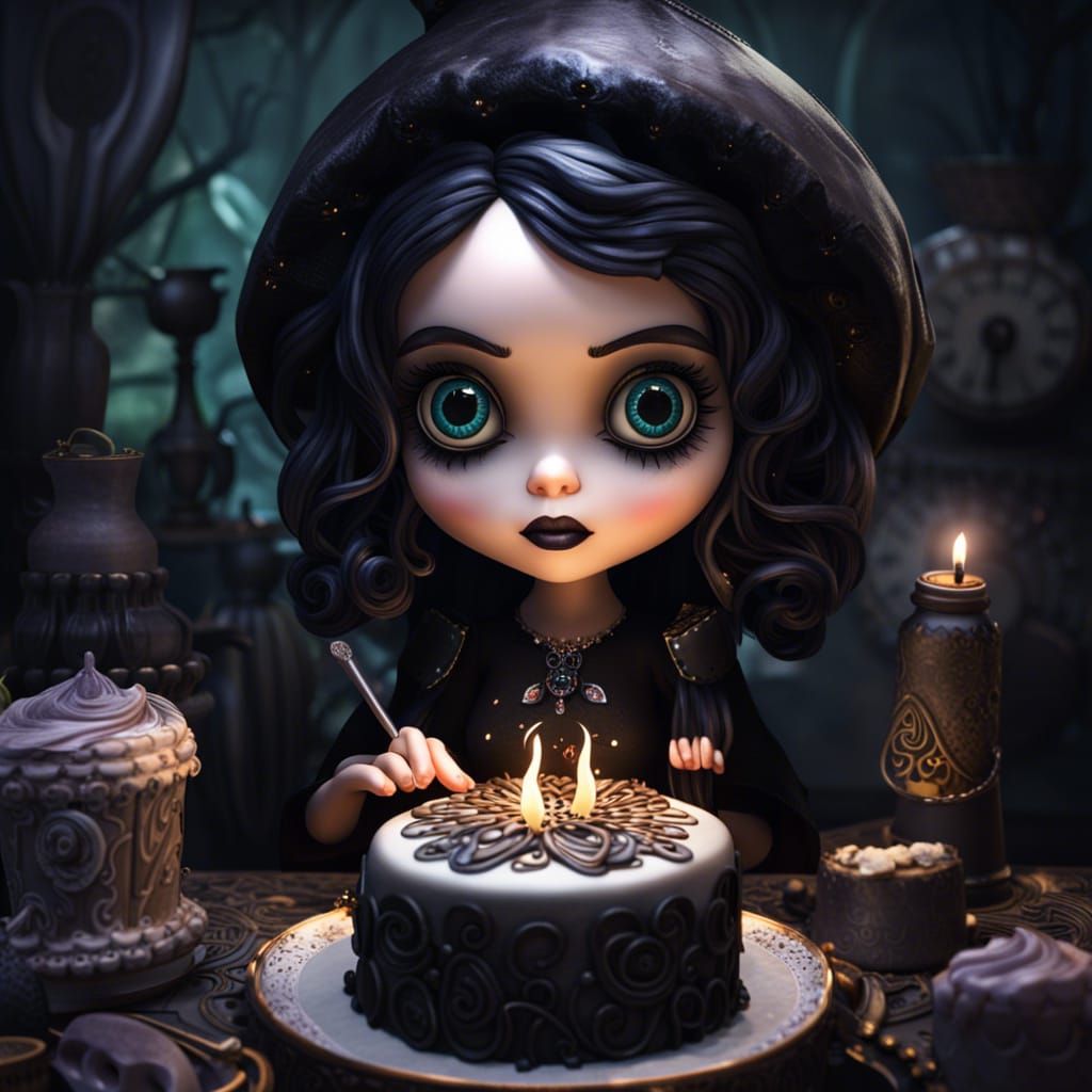 Cute Goth Witch Baking a Black Cake