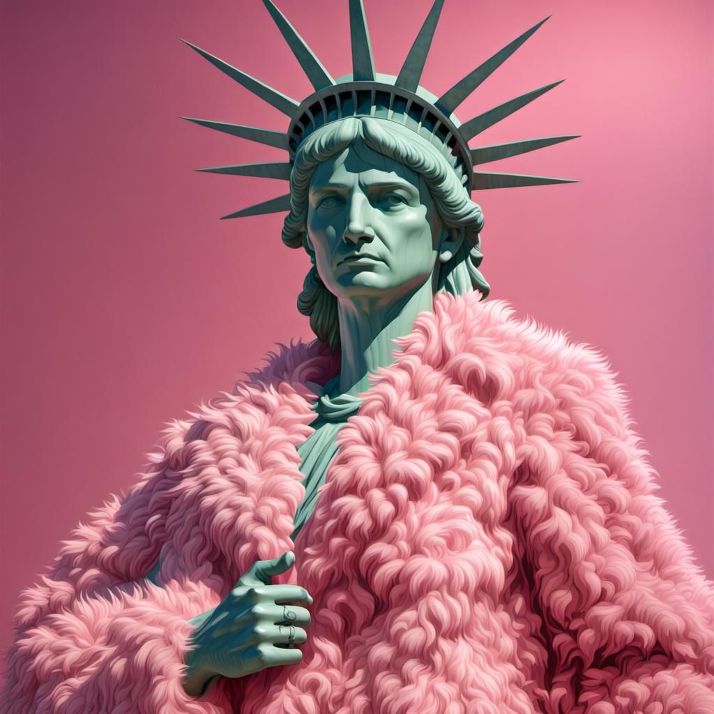 Statue of Liberty in Ultra Realistic Pink Fur Coat Painting