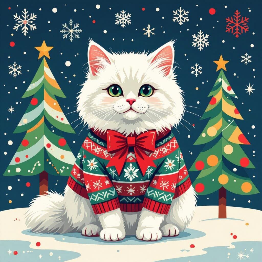 Fluffy White Cat in Christmas Sweater with Red Bow