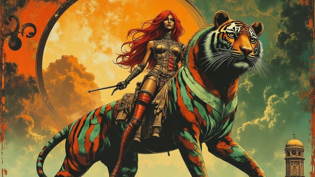 Warrior Queen Red Sonja Rides Striped Tiger in Dreamlike Fan...