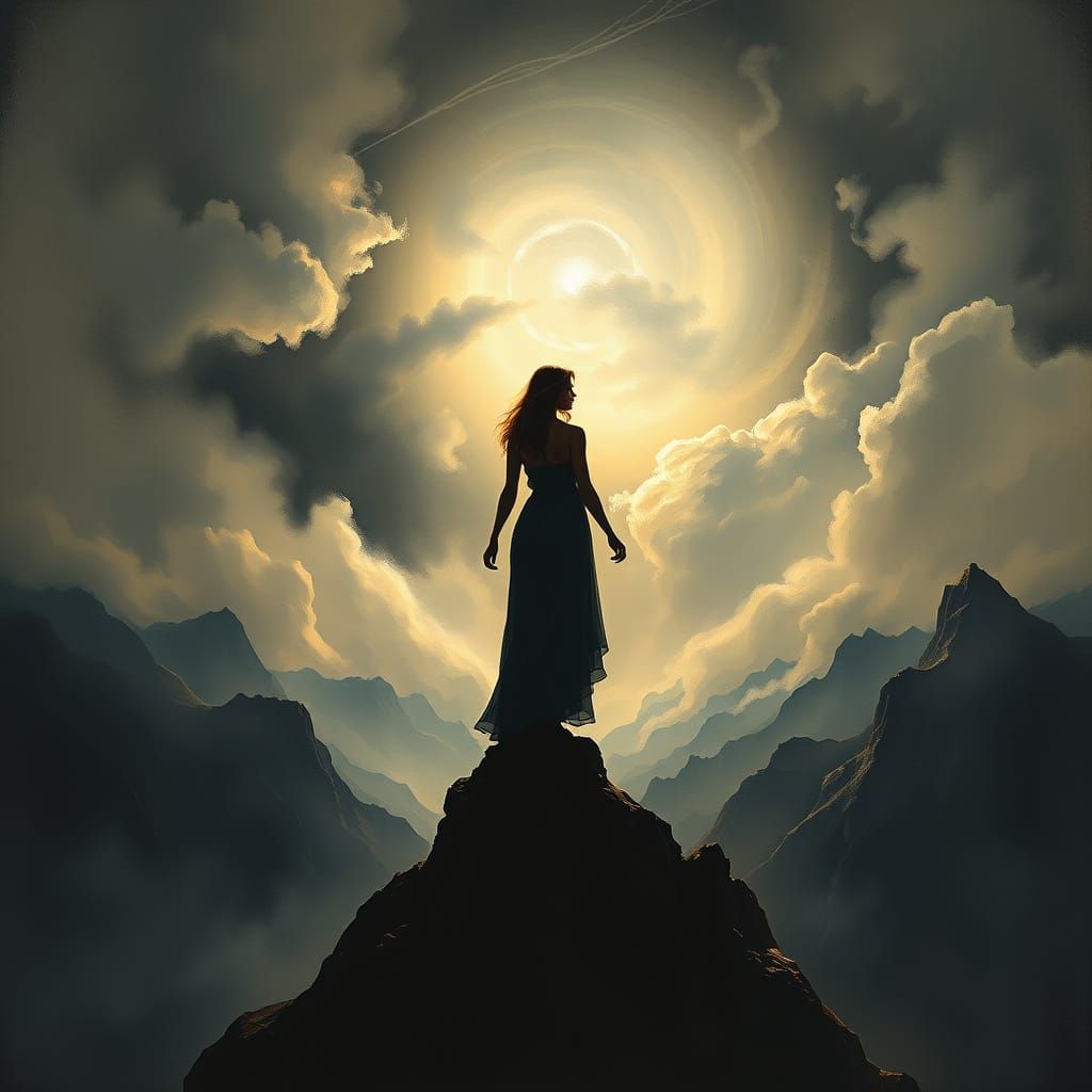 Woman on Mountain Peak in Bouguereau & Stuck Oil Painting St...