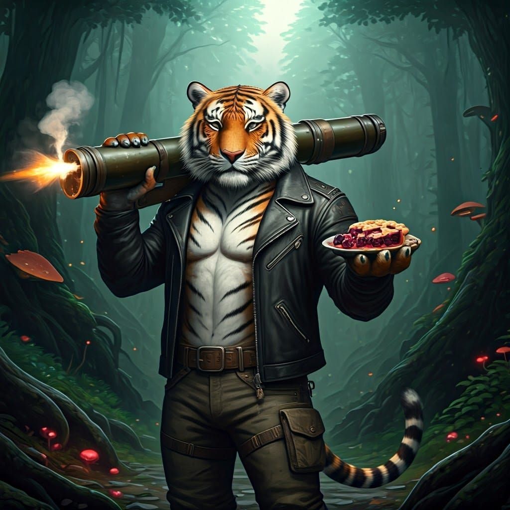 Cyberpunk Tiger Hero Holds Bazooka and Pie
