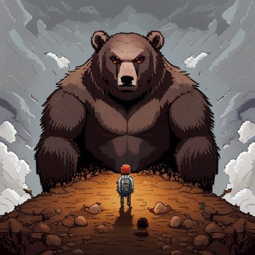 Pixel Art Bear in Cave, Retro Gaming Style