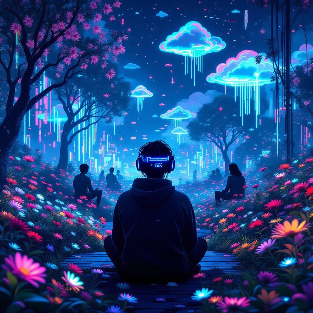 Person in Neon Lit Cyberpunk Digital Garden