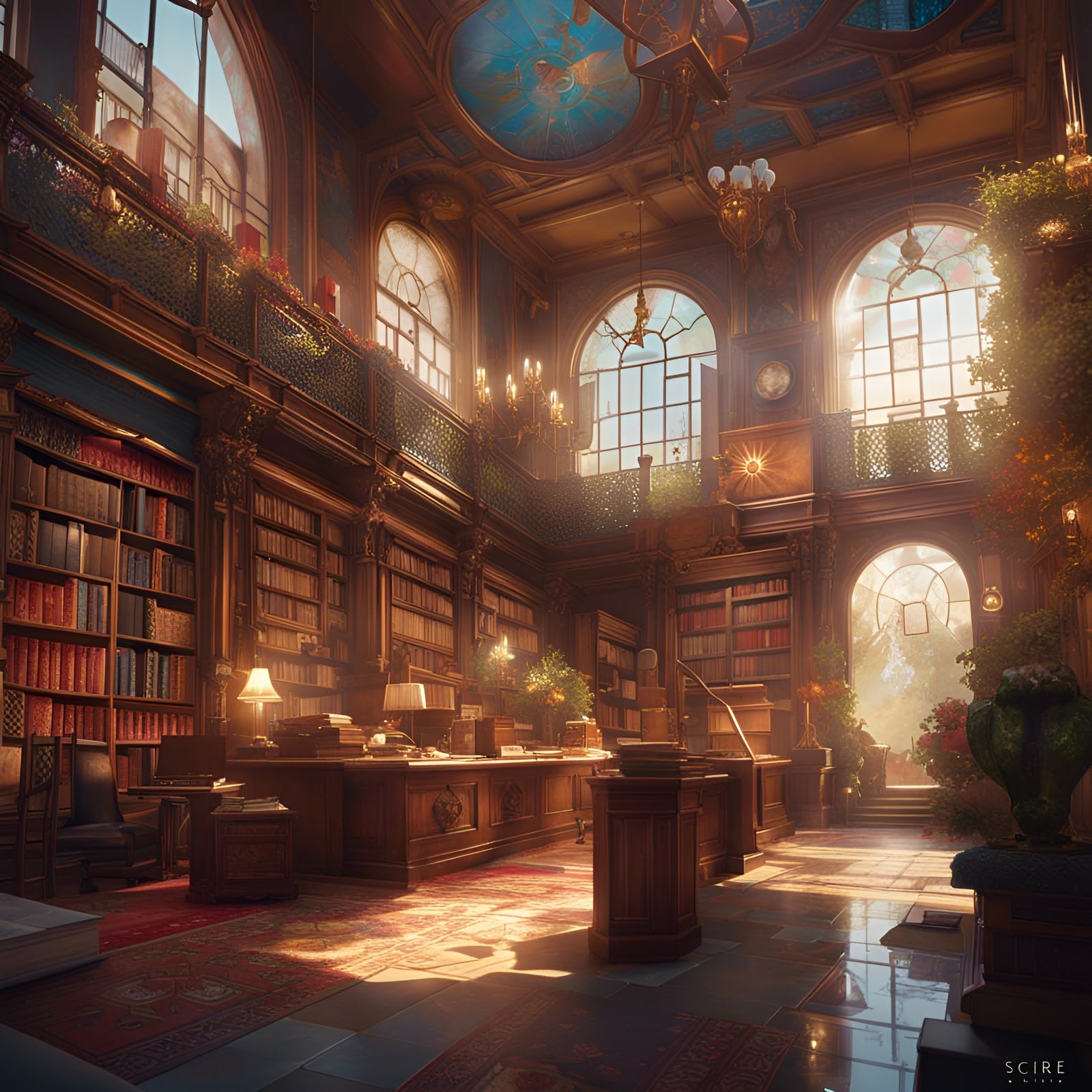 Surreal Vintage Bookstore Concept Art in Triadic Colors