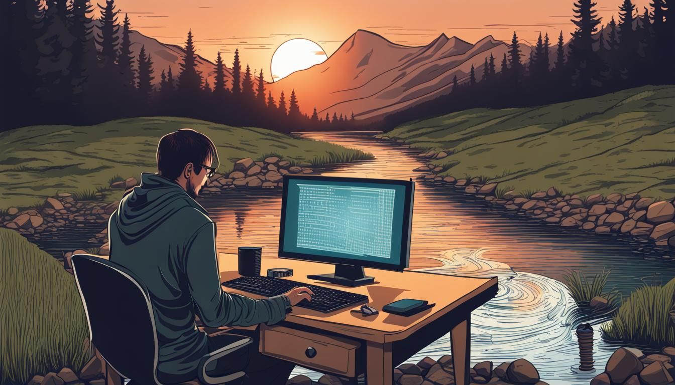 Cyberpunk Hacker Surrounded by Nature at Sunset