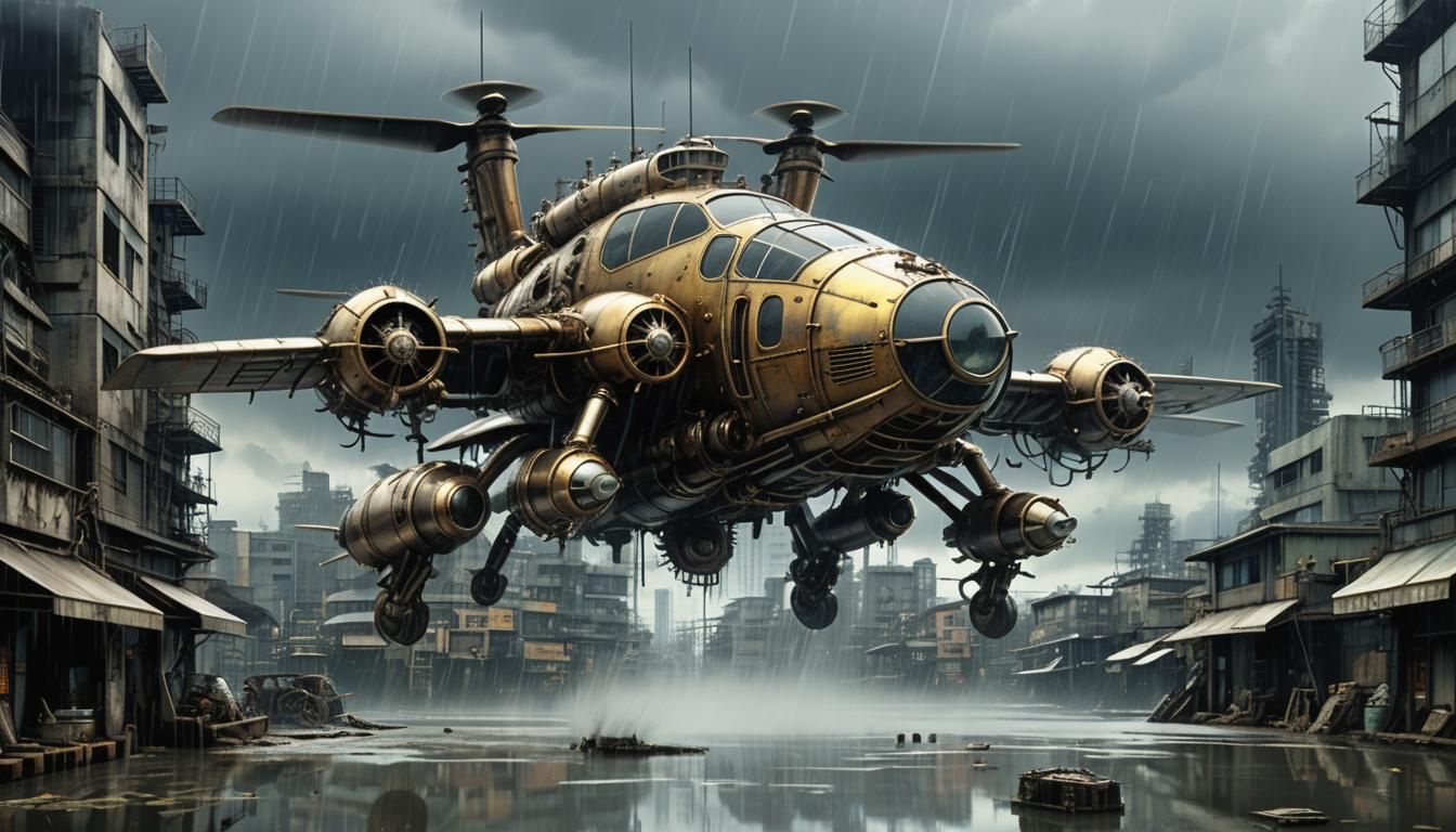 Dieselpunk Fly soars over Postapocalyptic Cityscape