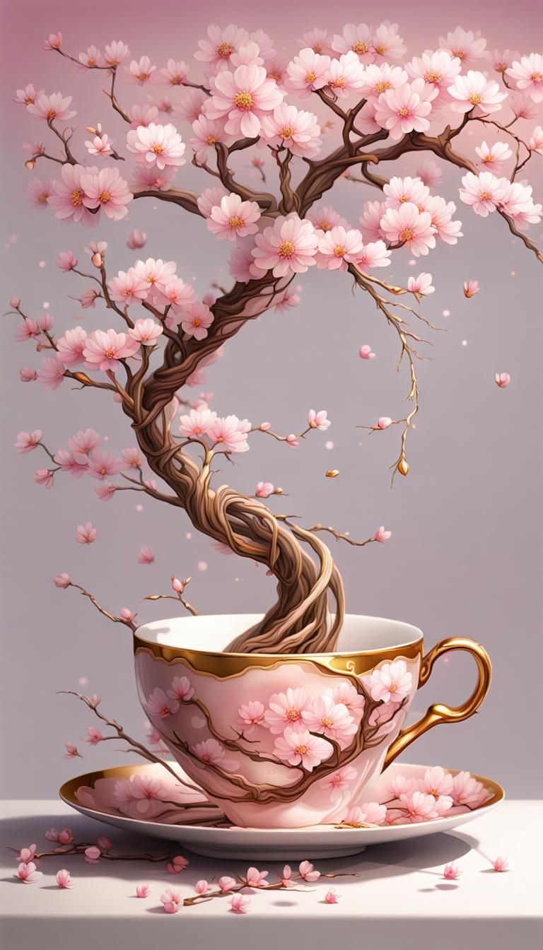 Sakura Tree Blooms from Golden Tea Cup in Impressive Detail