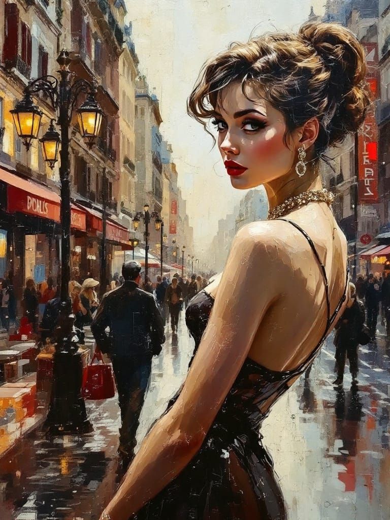 Parisian Street Scene with Pin-Up Girl in Encaustic Style