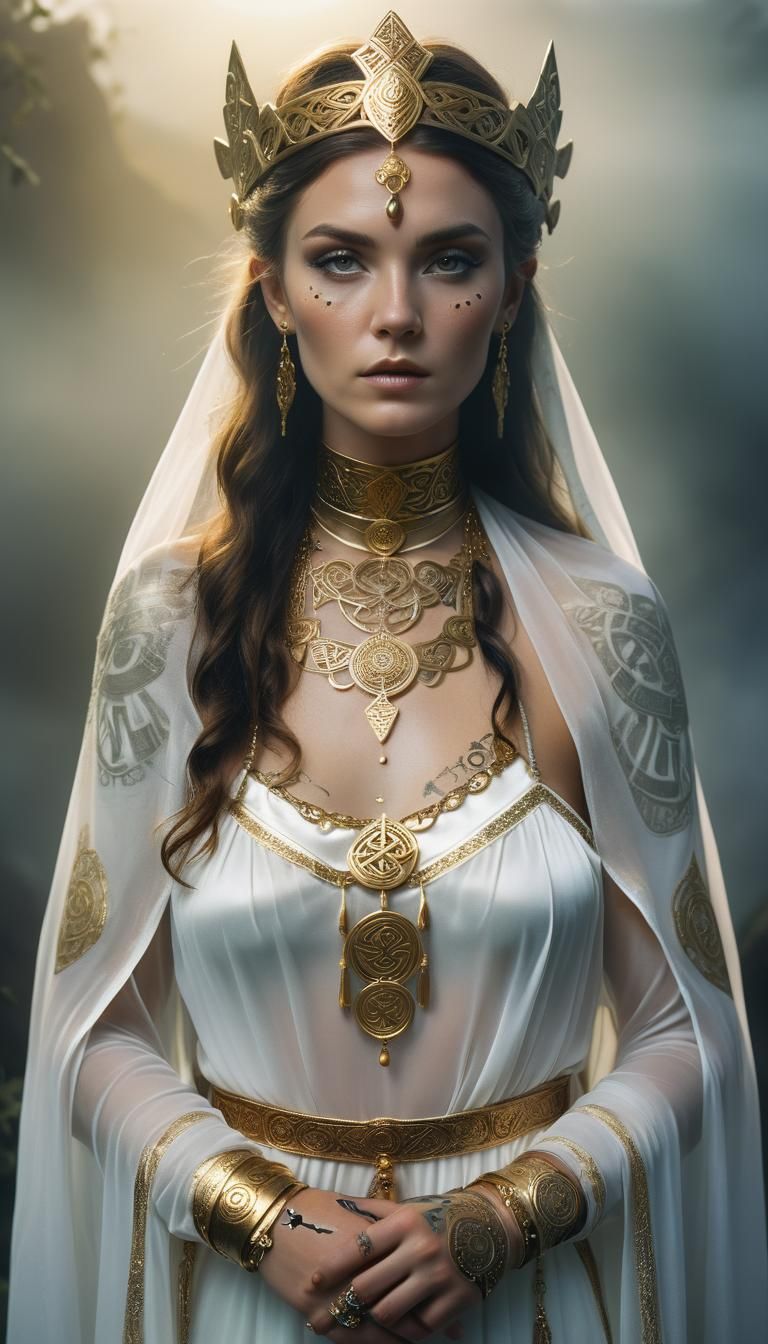 Celtic Goddess in Avalon Fog, a Hyperrealistic Portrait