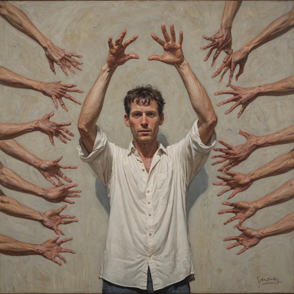 Man with Eight Arms in an Oil Painting Style
