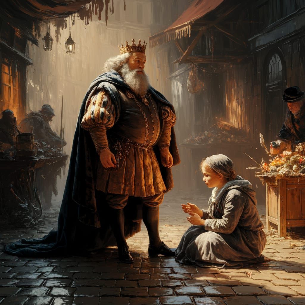 Rich King and Beggar Girl in Rembrandt Style