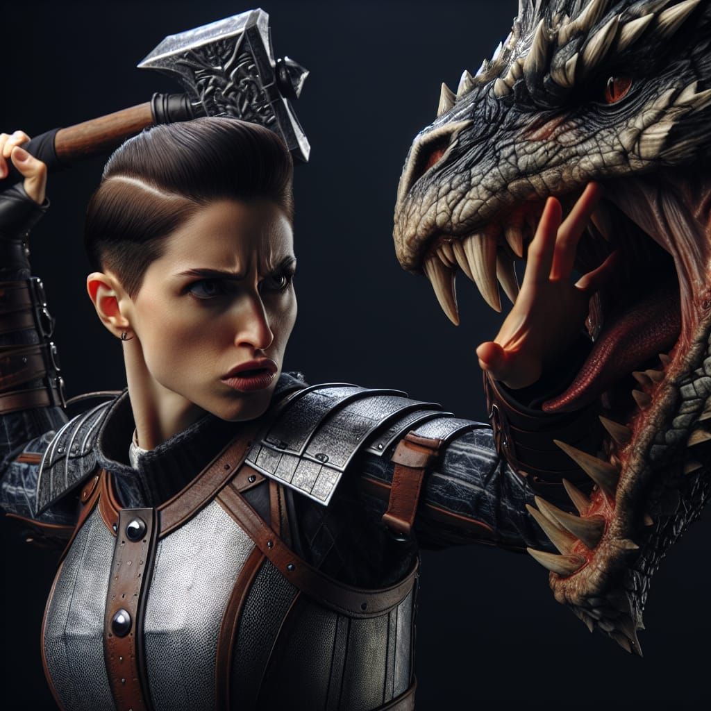 Fantasy Cleric Battles Dragon in Combat, Leather Armor