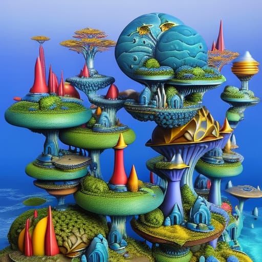 Dreamlike Metallic Cities in Enchanted Underwater Worlds