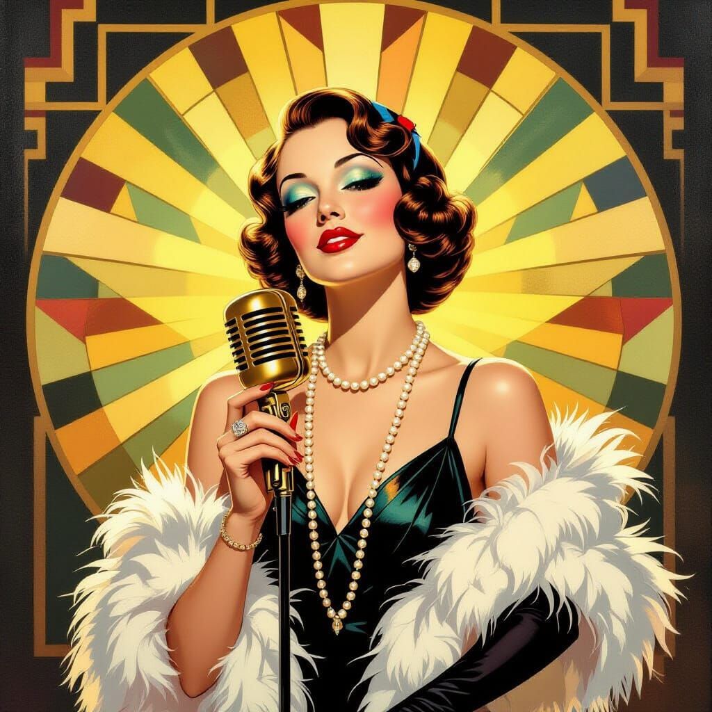Art Deco Jazz Singer with Feathered Boa and Gold Microphone