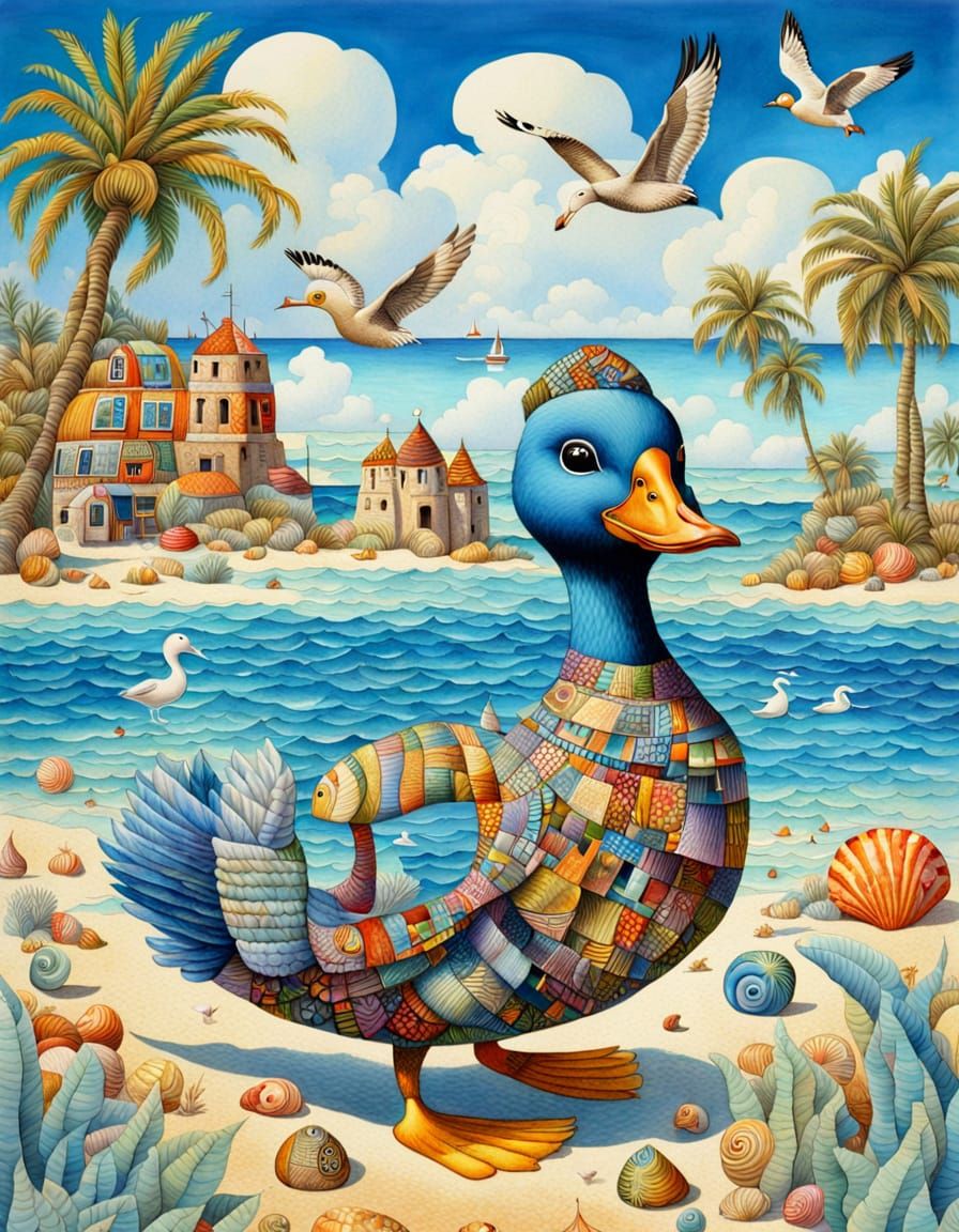 Adorable Duckling's Beach Holiday: Aquarelle Painting