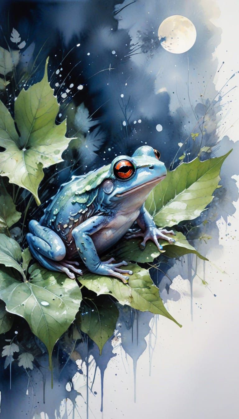 Frog Under Leaf in Moonlight, Watercolour Painting