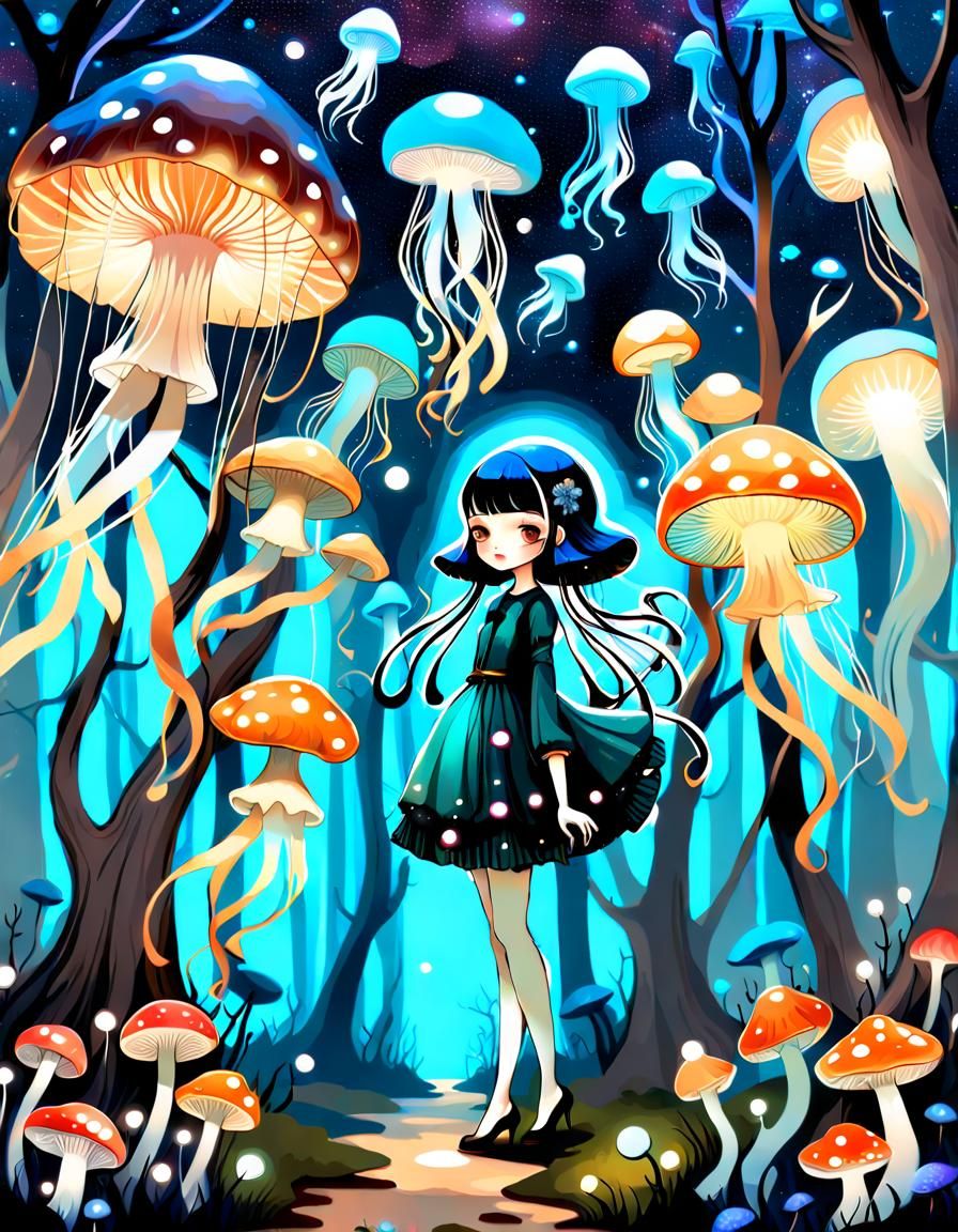 A cute girl in dreamy fantasy jellyfish mushroom forest with...