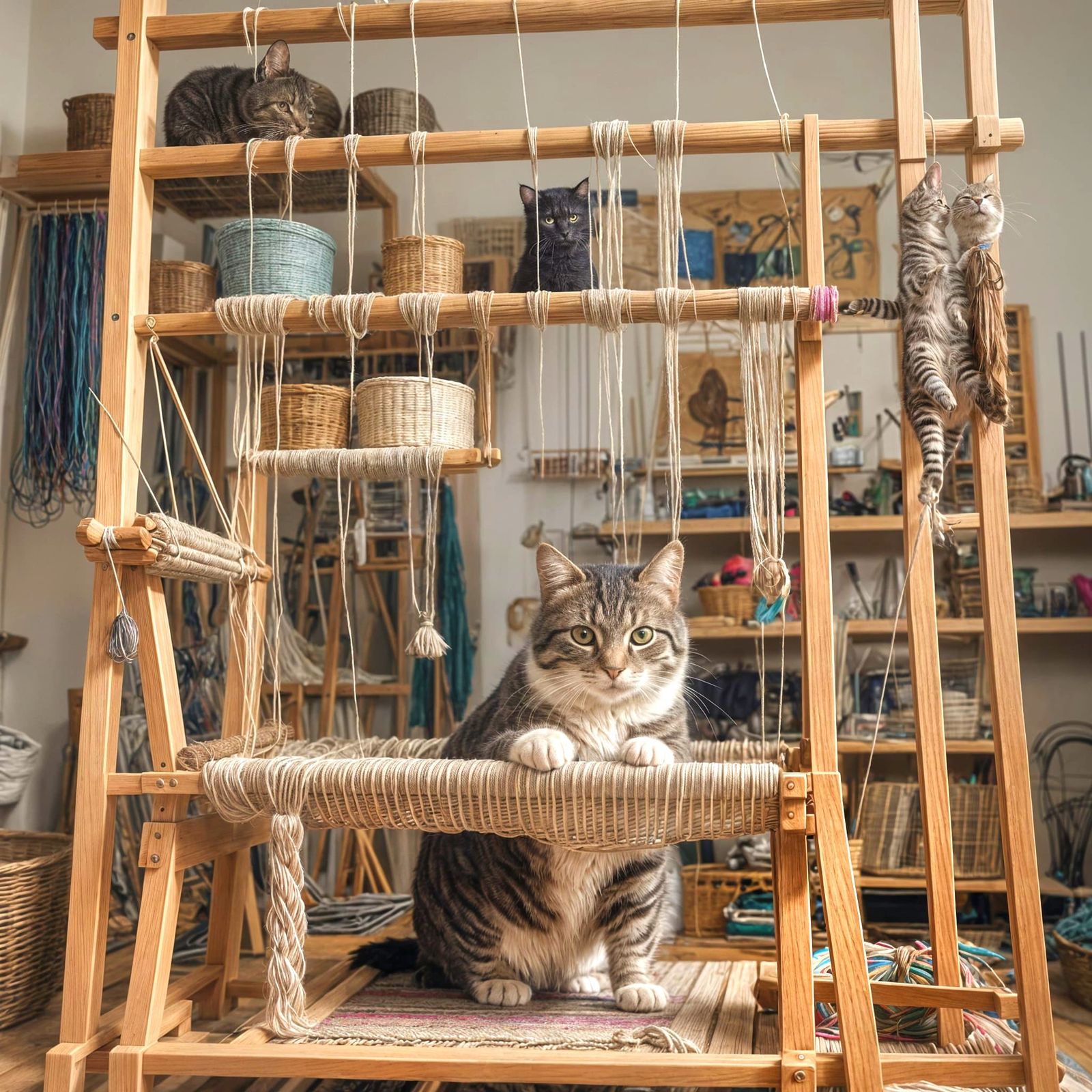 Mid shot, low angle of a cat meticulously standing while wea...