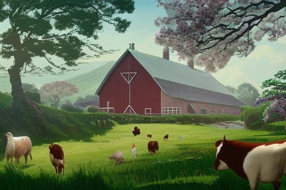 Spring Sunrise Farmhouse Scene in Detailed Digital Art