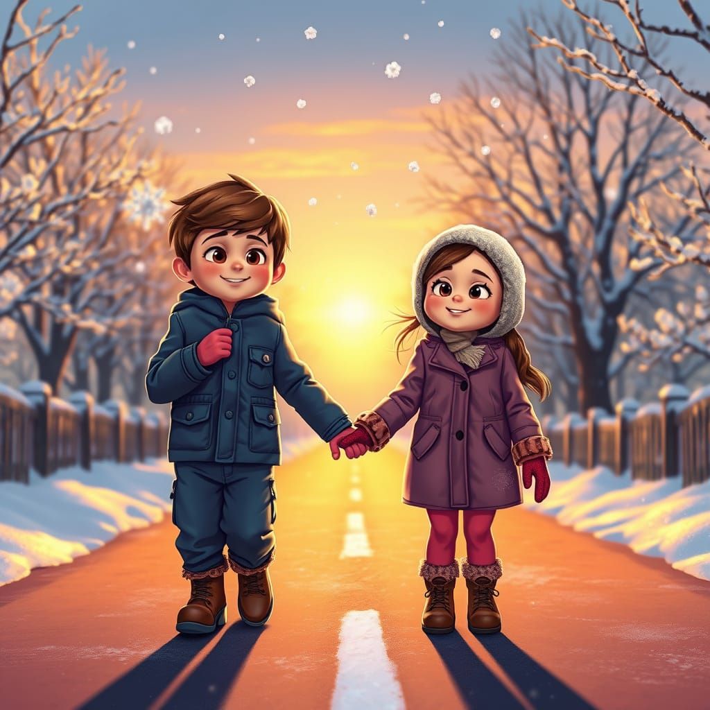 Children Catching Snowflakes: Pixar-Style Winter Scene