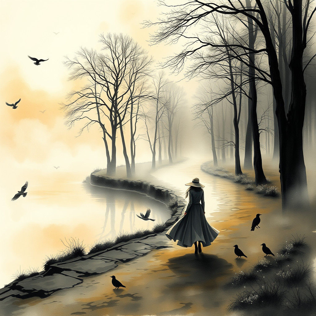 silhouette Woman walking , foggy , trees , birds, river, for...