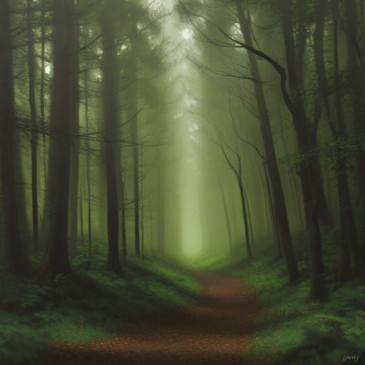 Green dark forest path oil painting by James Gurney