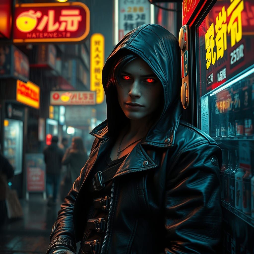 Cyberpunk man with glowing red eyes on night street