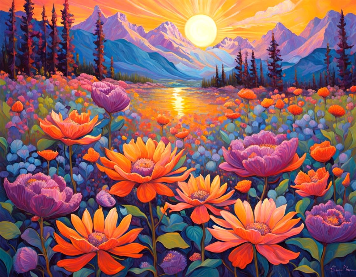 Vibrant Cosmic Floral Oil Painting with Serial Structures