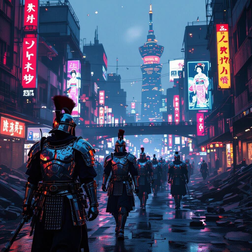 Roman Legionaries in Cyberpunk Tokyo Ruins
