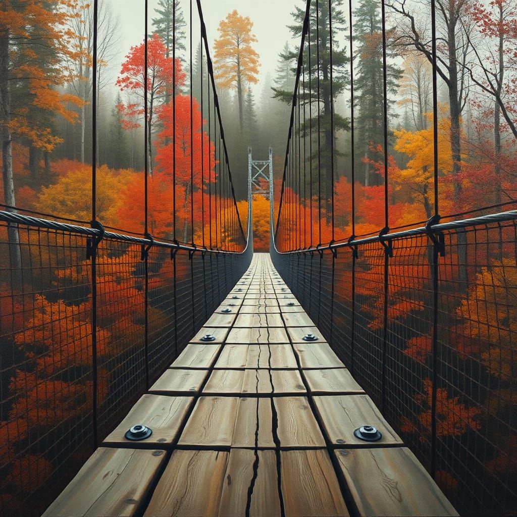 Majestic Wooden Suspension Bridge in Autumnal Splendor