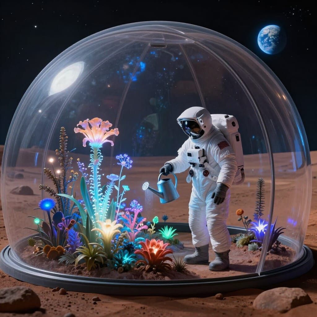 Astronaut Tends Bioluminescent Garden on Mars