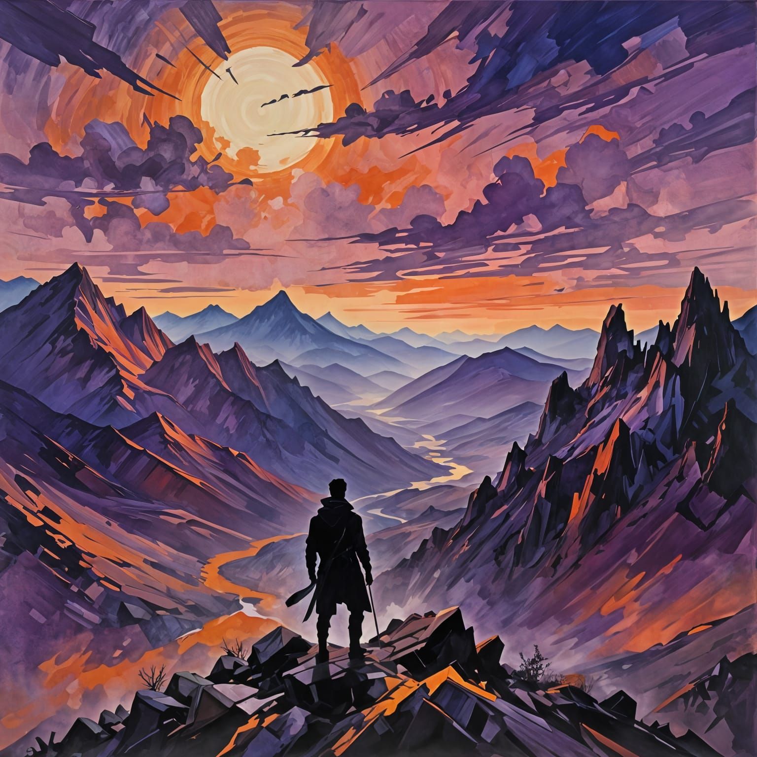 Neo-Expressionist Man at Twilight in the Wilderness